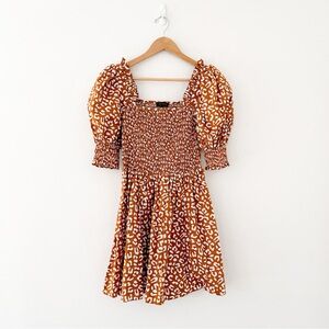 1 State Orange Animal Print Mini Dress | Puff Sleeve Cotton Dress